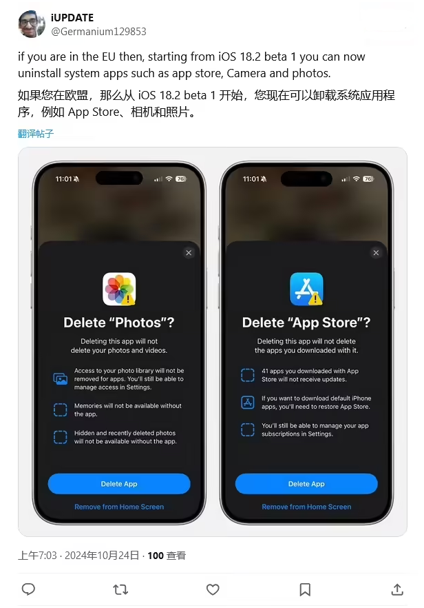 下谷坪土家族乡苹果手机维修分享iOS 18.2 支持删除 App Store 应用商店 